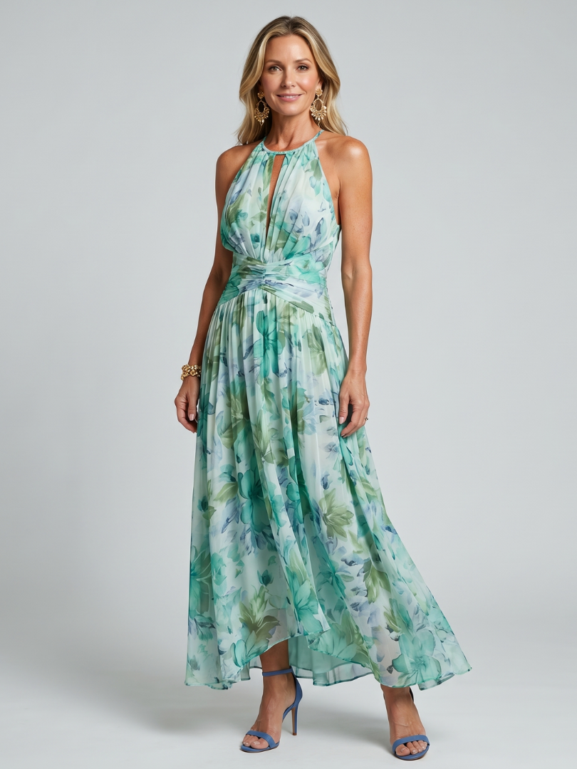Darcie | Women's Halter Neck Floral Pattern Midi Dress