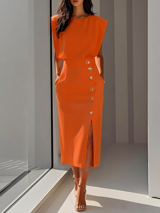 Daria | Women's Sleeveless Round Neck Front Slit Midi Dress