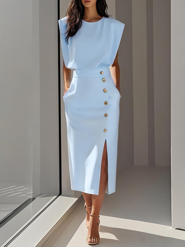 Daria | Women's Sleeveless Round Neck Front Slit Midi Dress