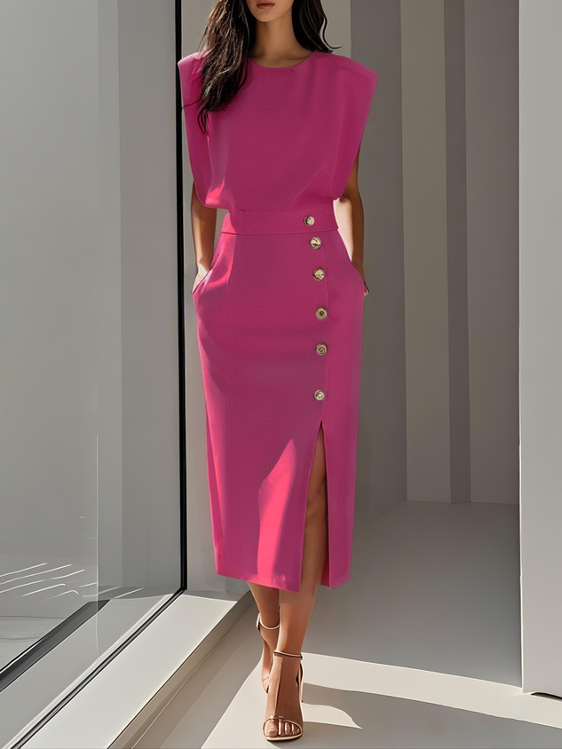 Daria | Women's Sleeveless Round Neck Front Slit Midi Dress