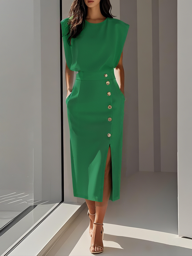 Daria | Women's Sleeveless Round Neck Front Slit Midi Dress