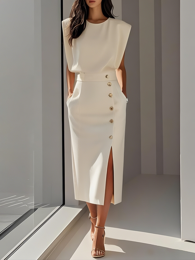 Daria | Women's Sleeveless Round Neck Front Slit Midi Dress