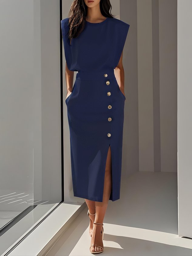 Daria | Women's Sleeveless Round Neck Front Slit Midi Dress