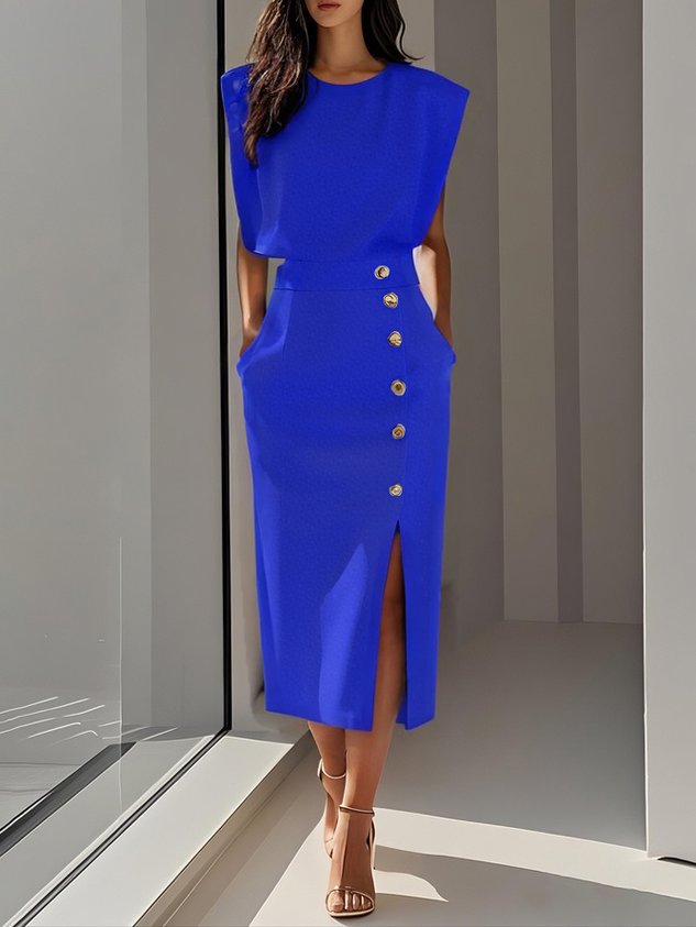 Daria | Women's Sleeveless Round Neck Front Slit Midi Dress