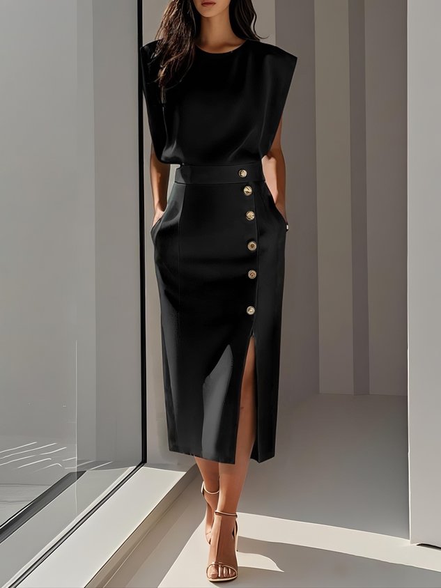Daria | Women's Sleeveless Round Neck Front Slit Midi Dress
