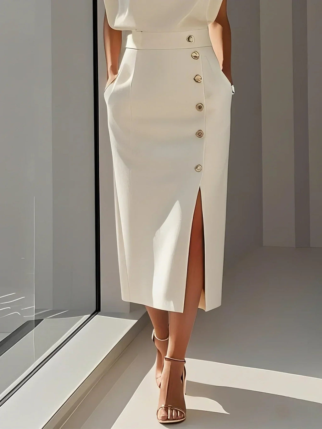 Daria | Women's Sleeveless Round Neck Front Slit Midi Dress