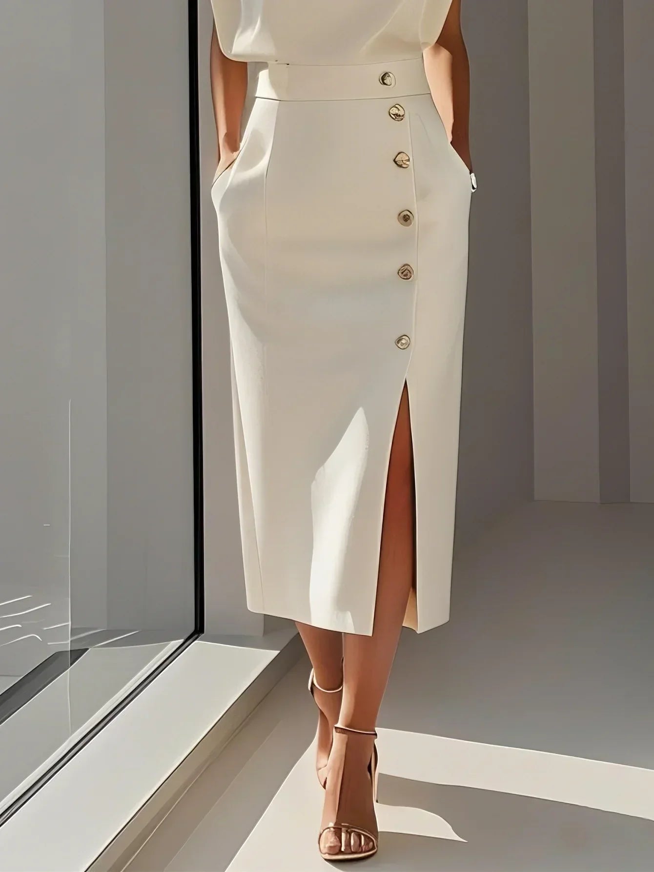 Daria | Women's Sleeveless Round Neck Front Slit Midi Dress