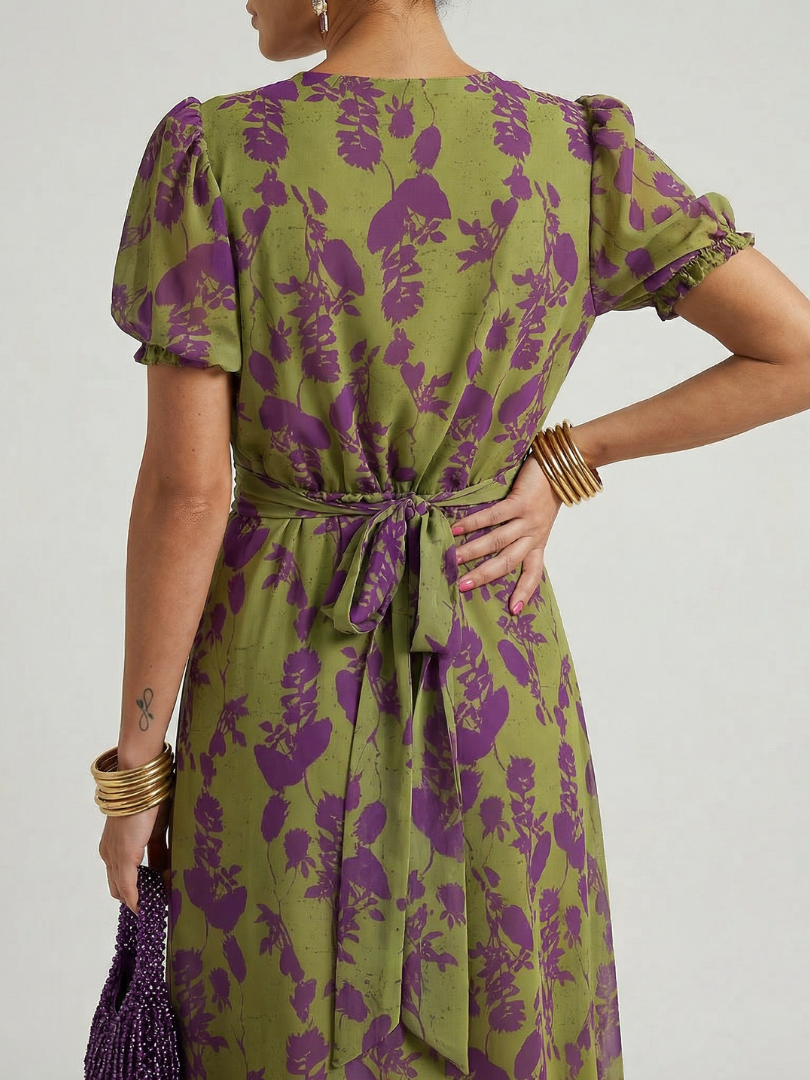 Darielle | Women's Floral Puff Sleeve V Neck Midi Dress