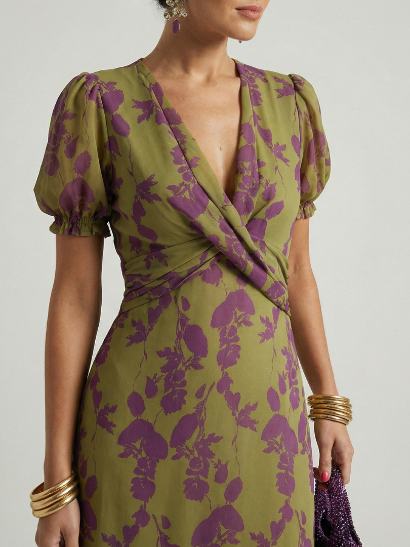 Darielle | Women's Floral Puff Sleeve V Neck Midi Dress