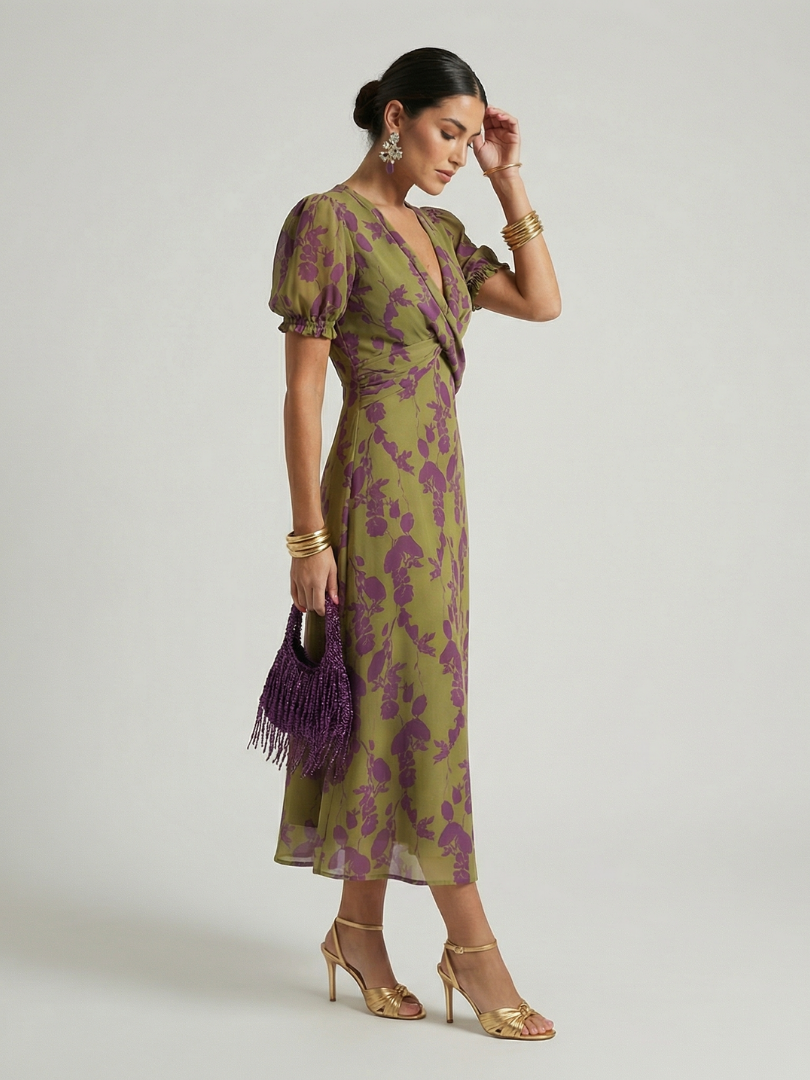 Darielle | Women's Floral Puff Sleeve V Neck Midi Dress