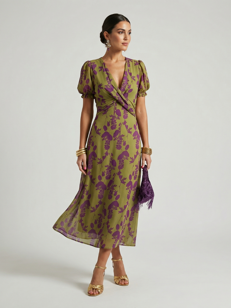 Darielle | Women's Floral Puff Sleeve V Neck Midi Dress
