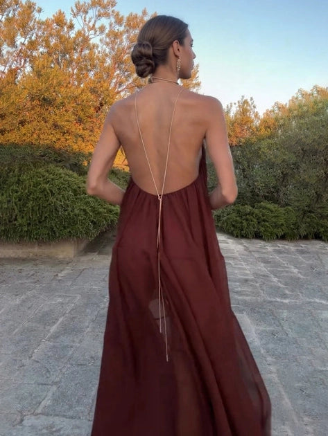 Dasha | Women’s Halter V Neck Sheer Flowy Maxi Dress