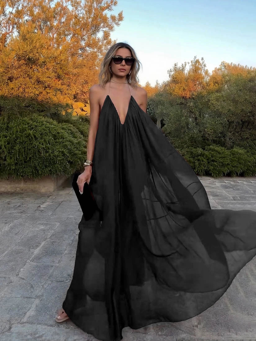 Dasha | Women’s Halter V Neck Sheer Flowy Maxi Dress
