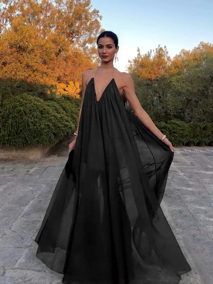 Dasha | Women’s Halter V Neck Sheer Flowy Maxi Dress