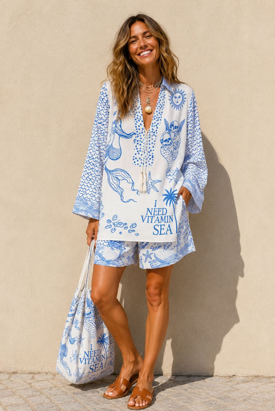 Davita | Women's Patterned Long Sleeve V-Neck Two Piece Set