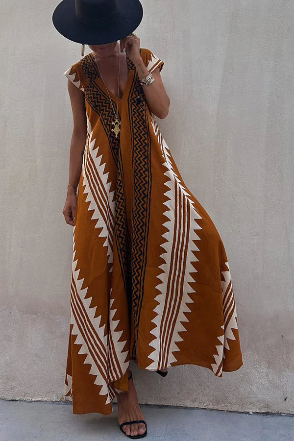Dawna | Women's Ethnic Print V Neck Maxi Dress