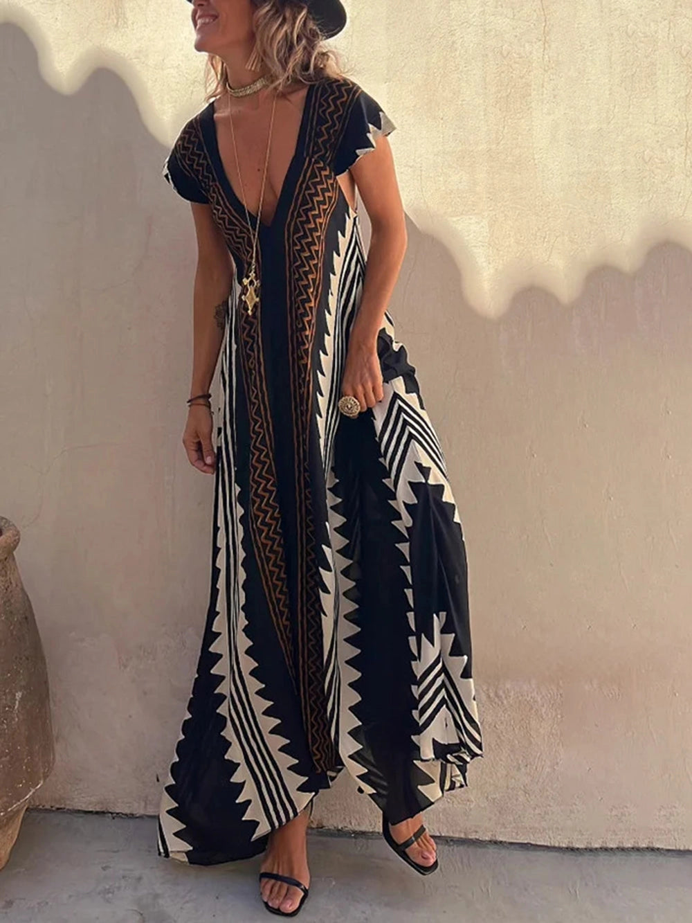Dawna | Women's Ethnic Print V Neck Maxi Dress