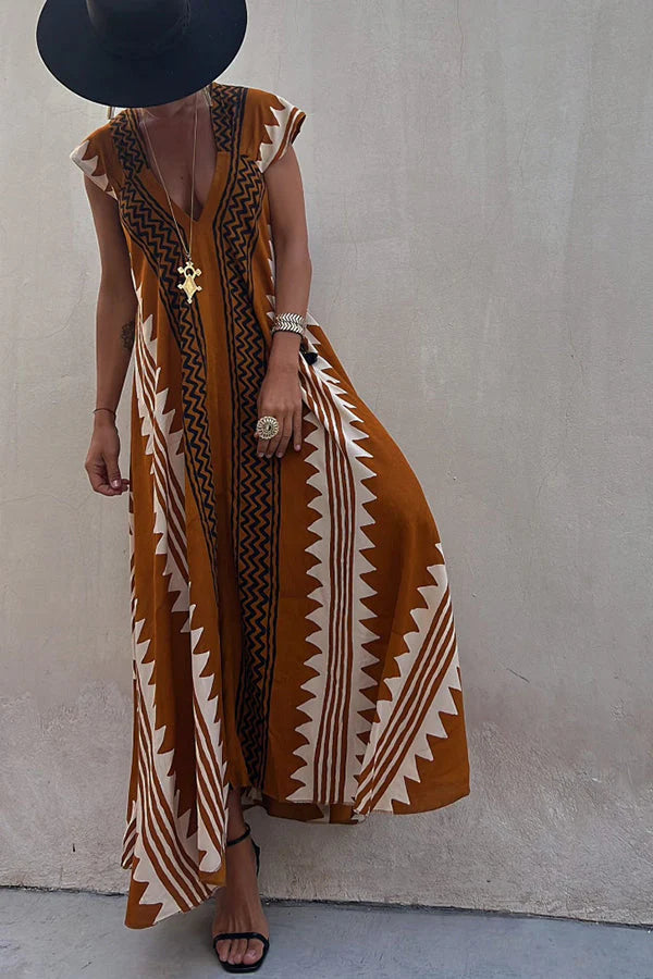 Dawna | Women's Ethnic Print V Neck Maxi Dress