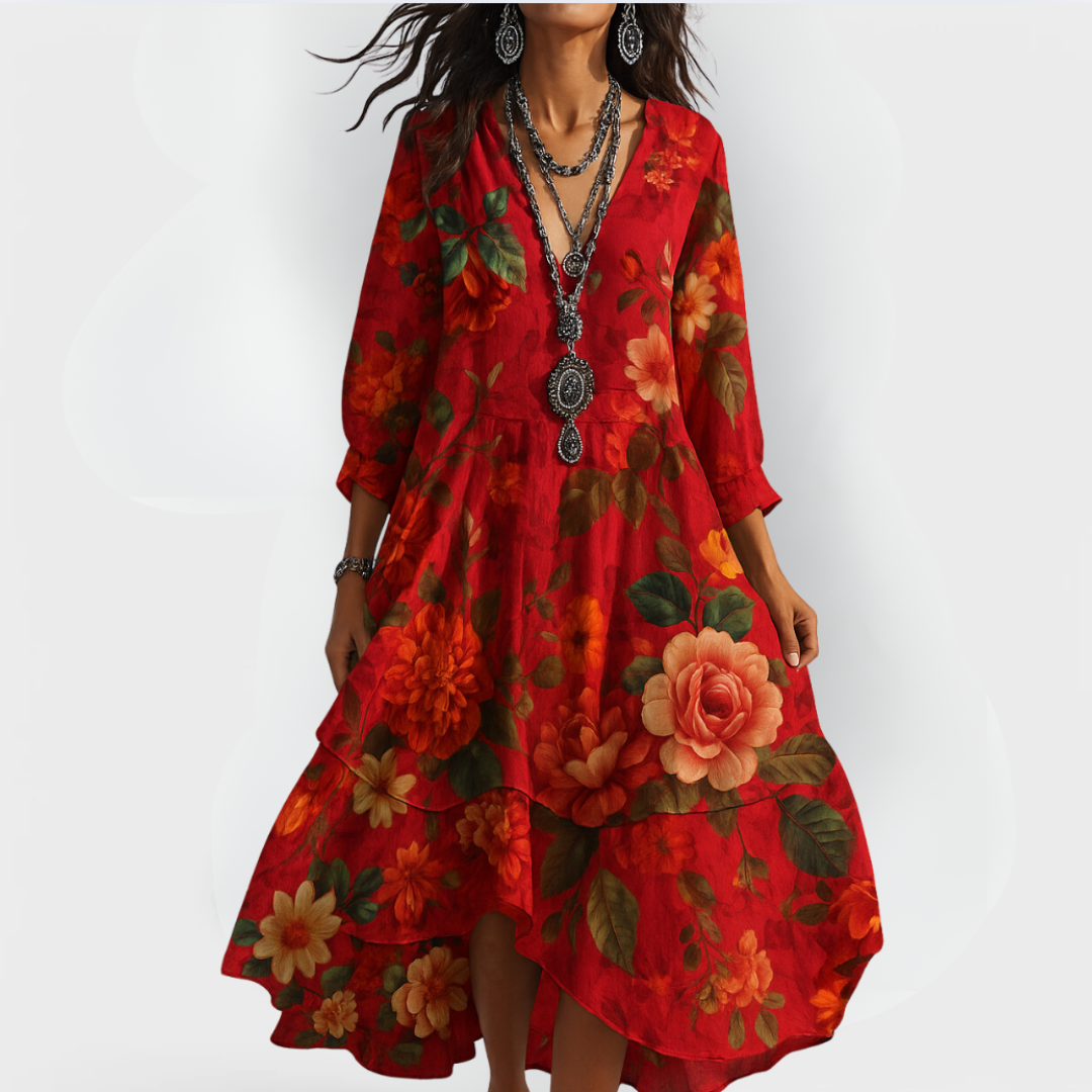 Deanna | Women's Floral Print V Neck Flowy Midi Dress
