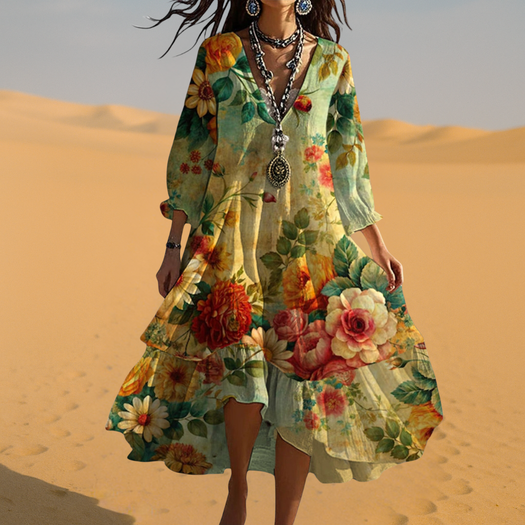 Deanna | Women's Floral Print V Neck Flowy Midi Dress