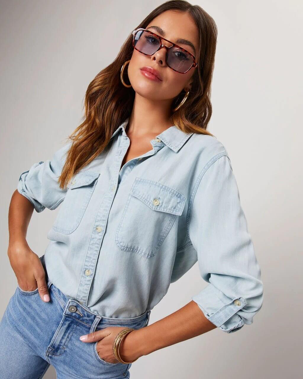 Deedee | Women's Button Pocket Long Sleeve Denim Shirt