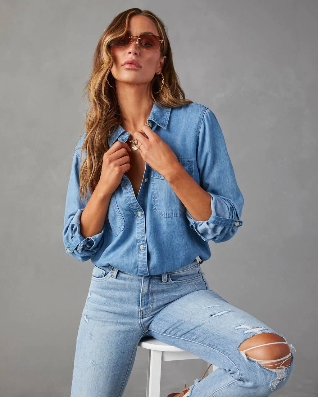 Deedee | Women's Button Pocket Long Sleeve Denim Shirt