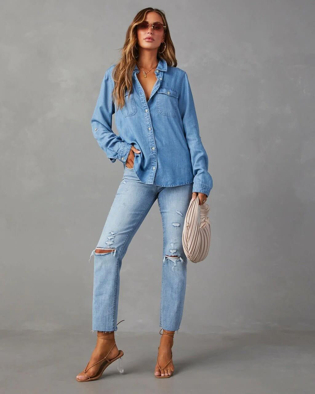 Deedee | Women's Button Pocket Long Sleeve Denim Shirt