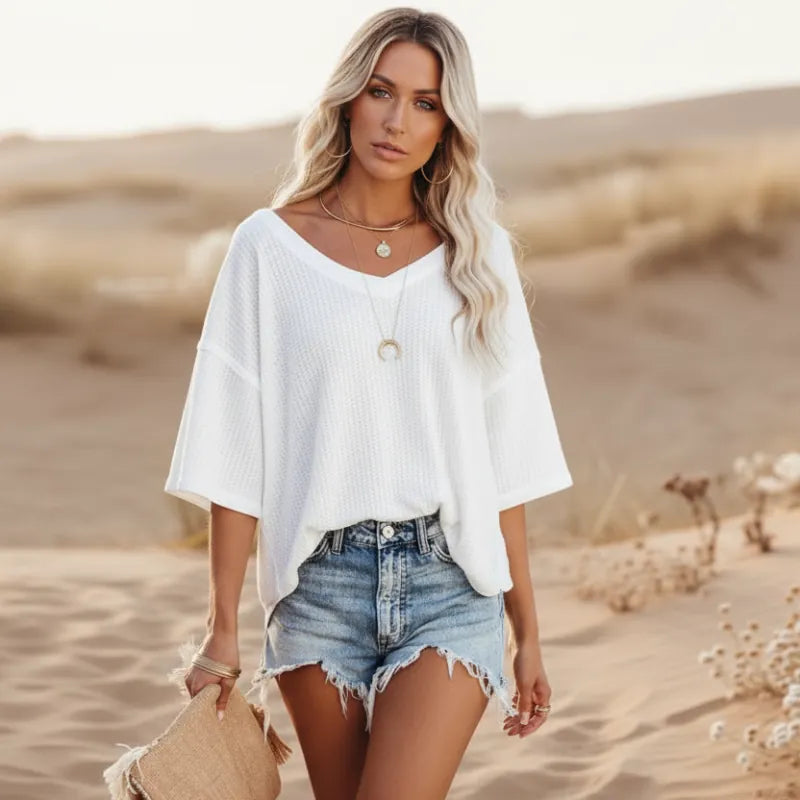 Women’s Oversized V-Neck Short Sleeve Shirt