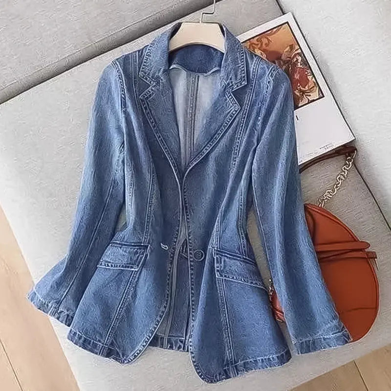 Delia | Women's Lapel Collar Long Sleeve Button Front Denim Blazer
