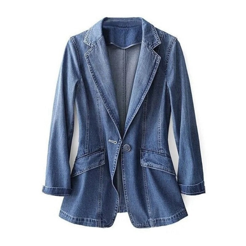 Delia | Women's Lapel Collar Long Sleeve Button Front Denim Blazer