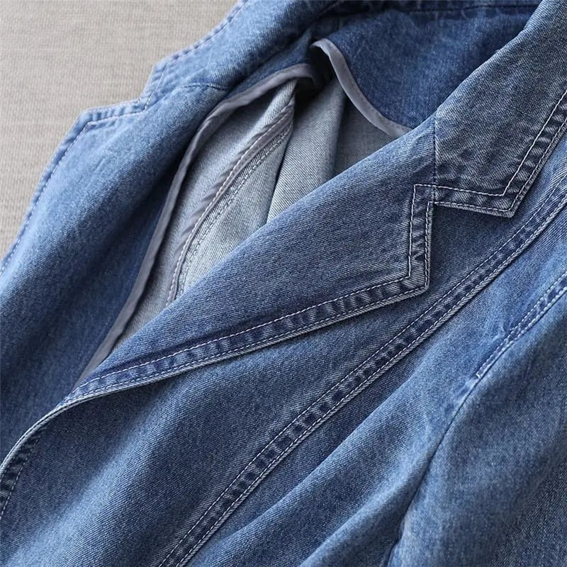 Delia | Women's Lapel Collar Long Sleeve Button Front Denim Blazer
