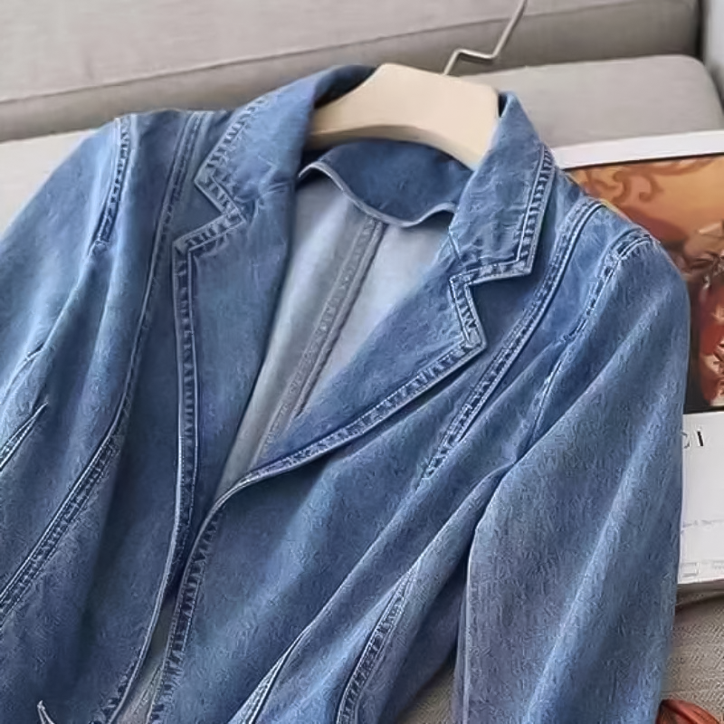 Delia | Women's Lapel Collar Long Sleeve Button Front Denim Blazer