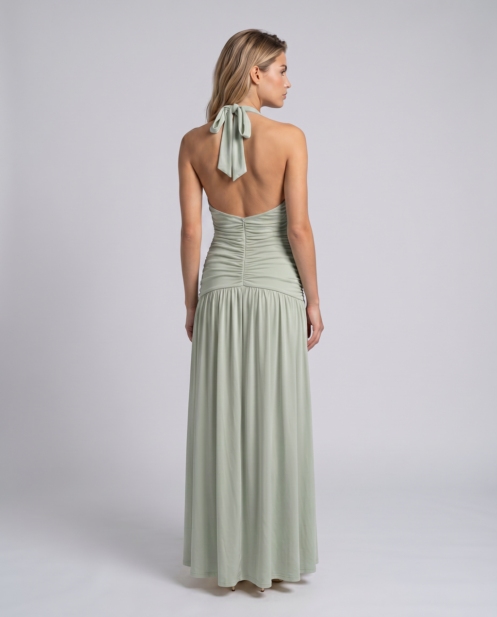 Delina | Women's Ruched Corset Halter V Neck Maxi Dress