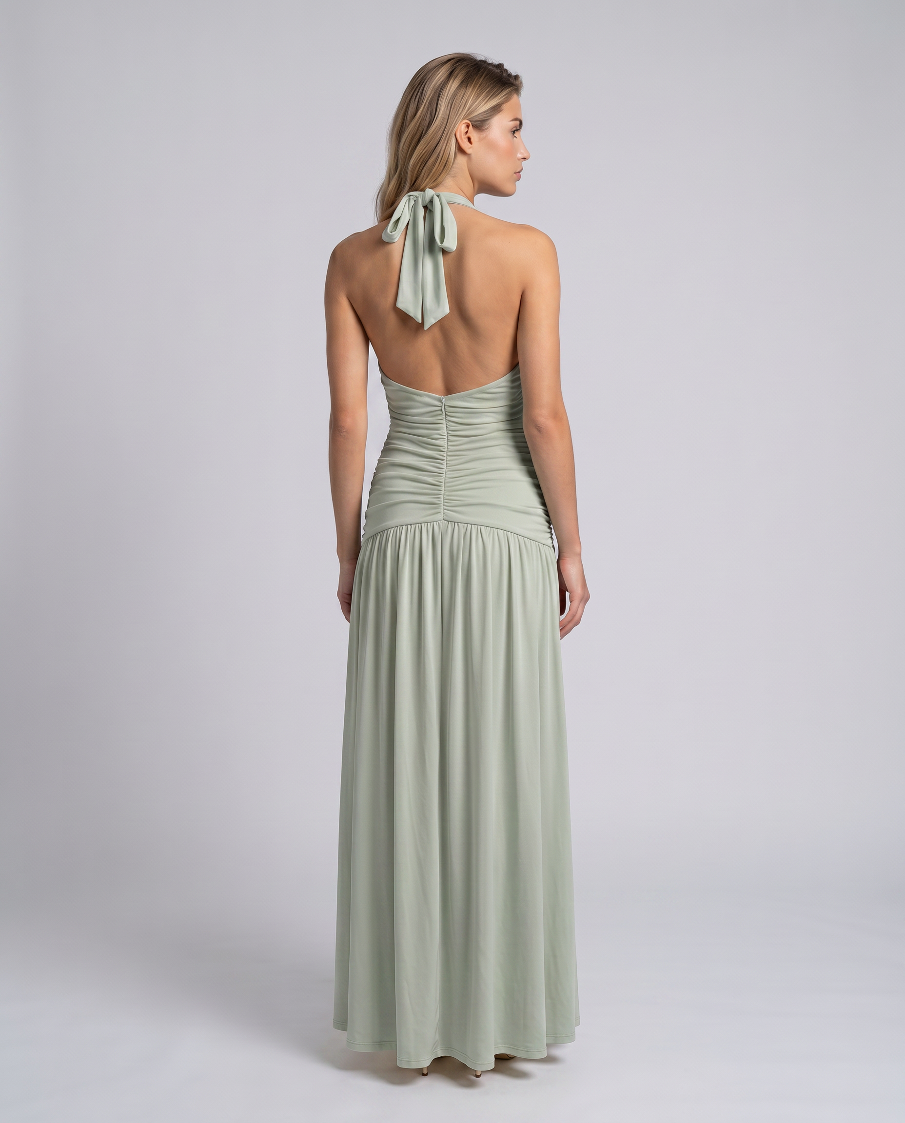 Delina | Women's Ruched Corset Halter V Neck Maxi Dress