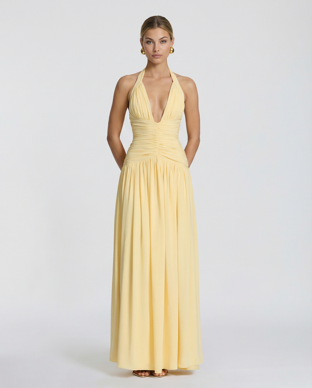Delina | Women's Ruched Corset Halter V Neck Maxi Dress