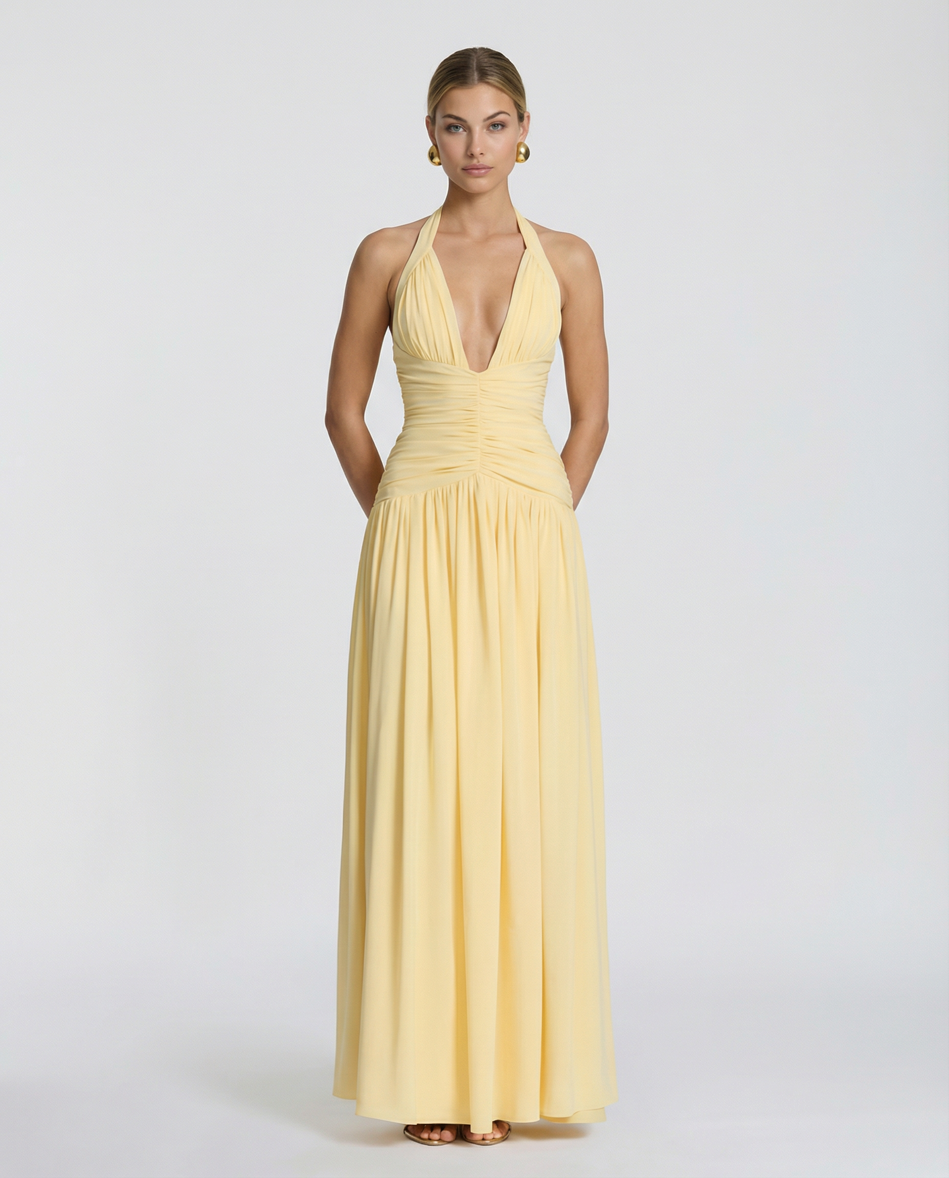 Delina | Women's Ruched Corset Halter V Neck Maxi Dress