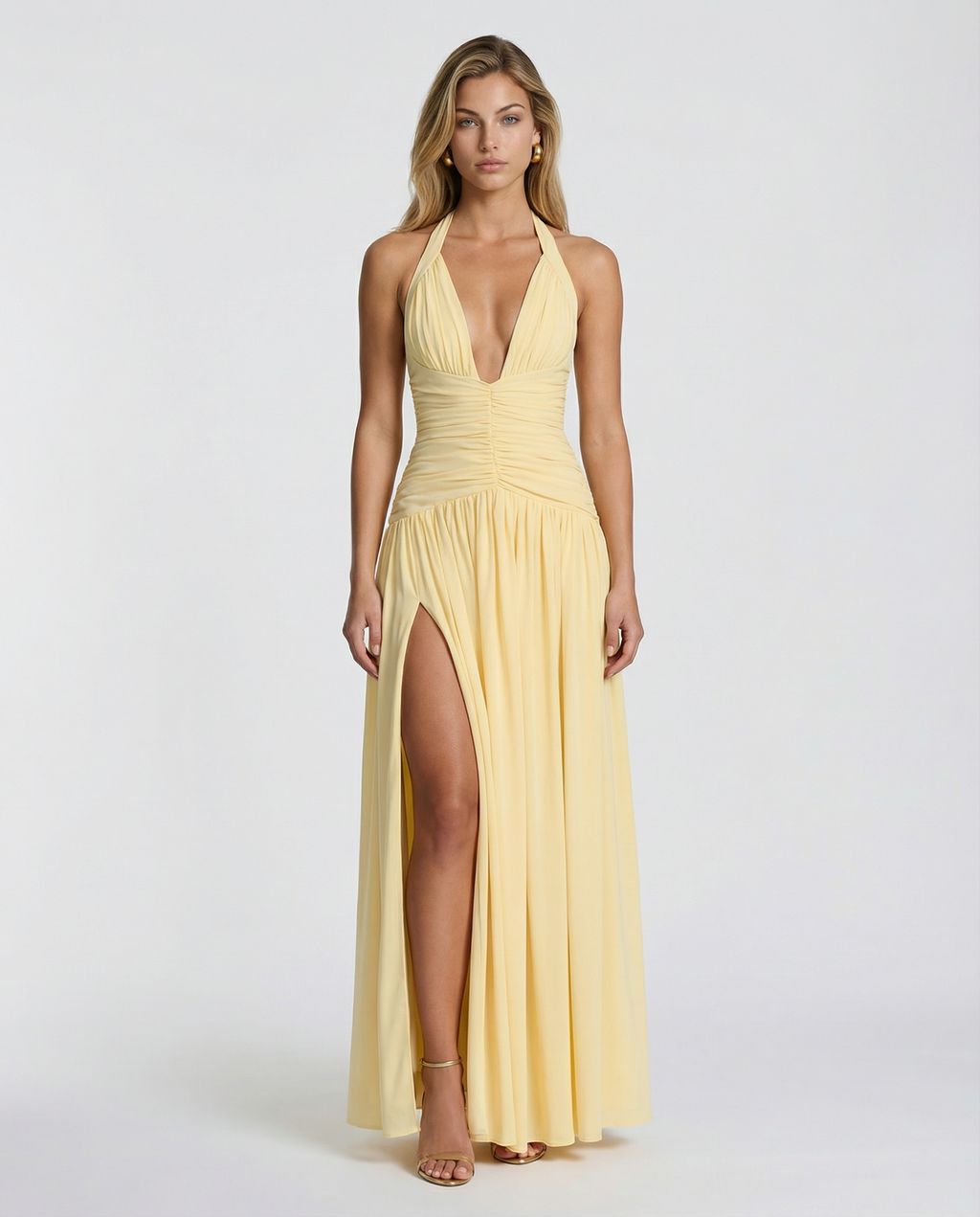 Delina | Women's Ruched Corset Halter V Neck Maxi Dress