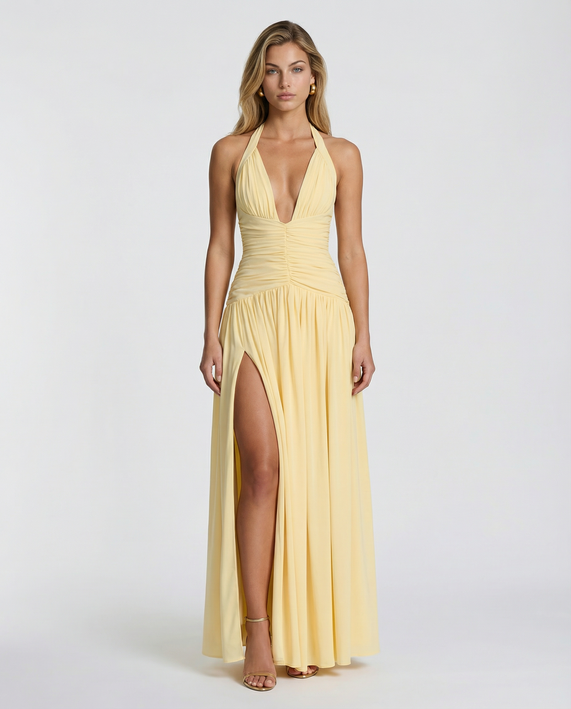 Delina | Women's Ruched Corset Halter V Neck Maxi Dress