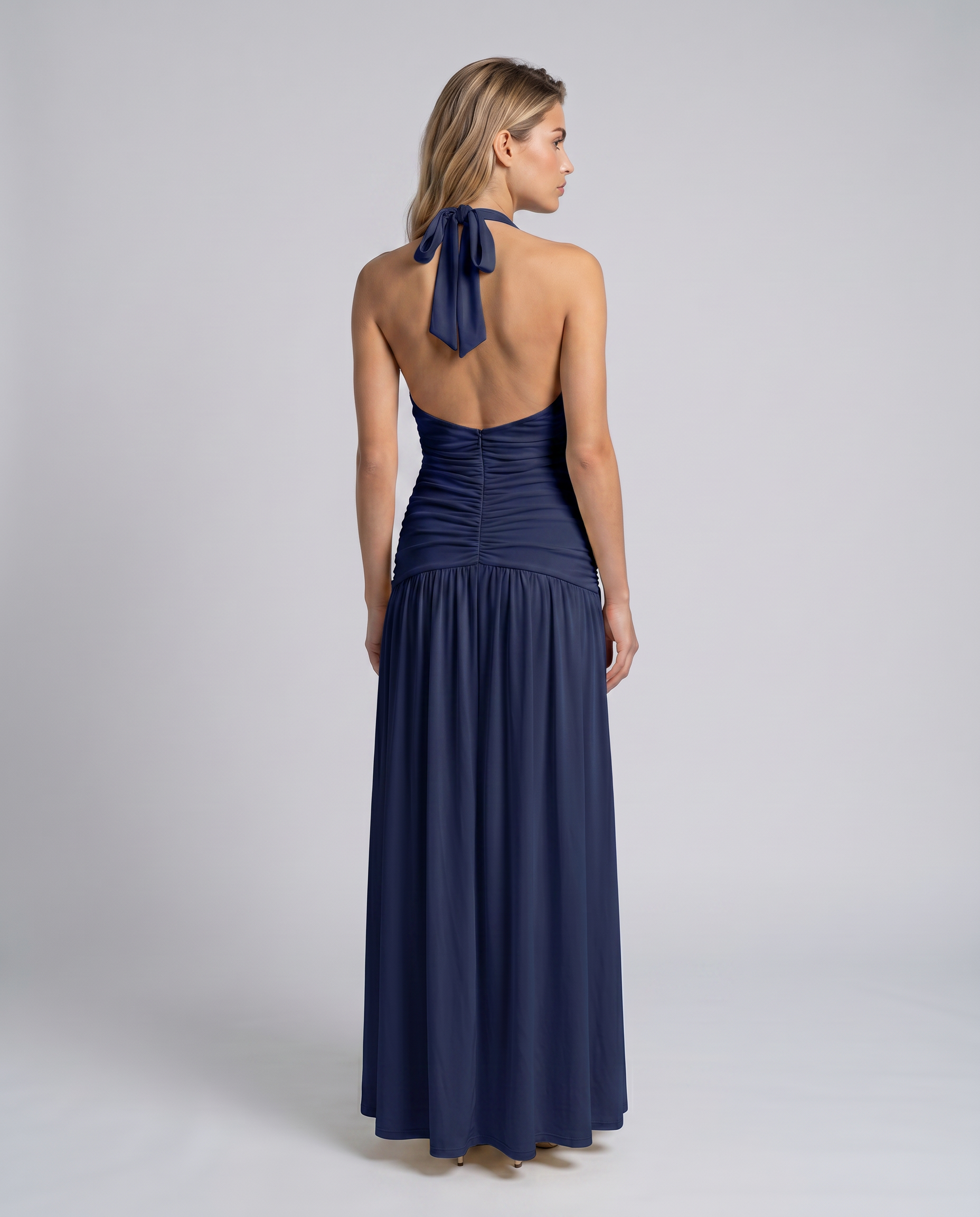 Delina | Women's Ruched Corset Halter V Neck Maxi Dress