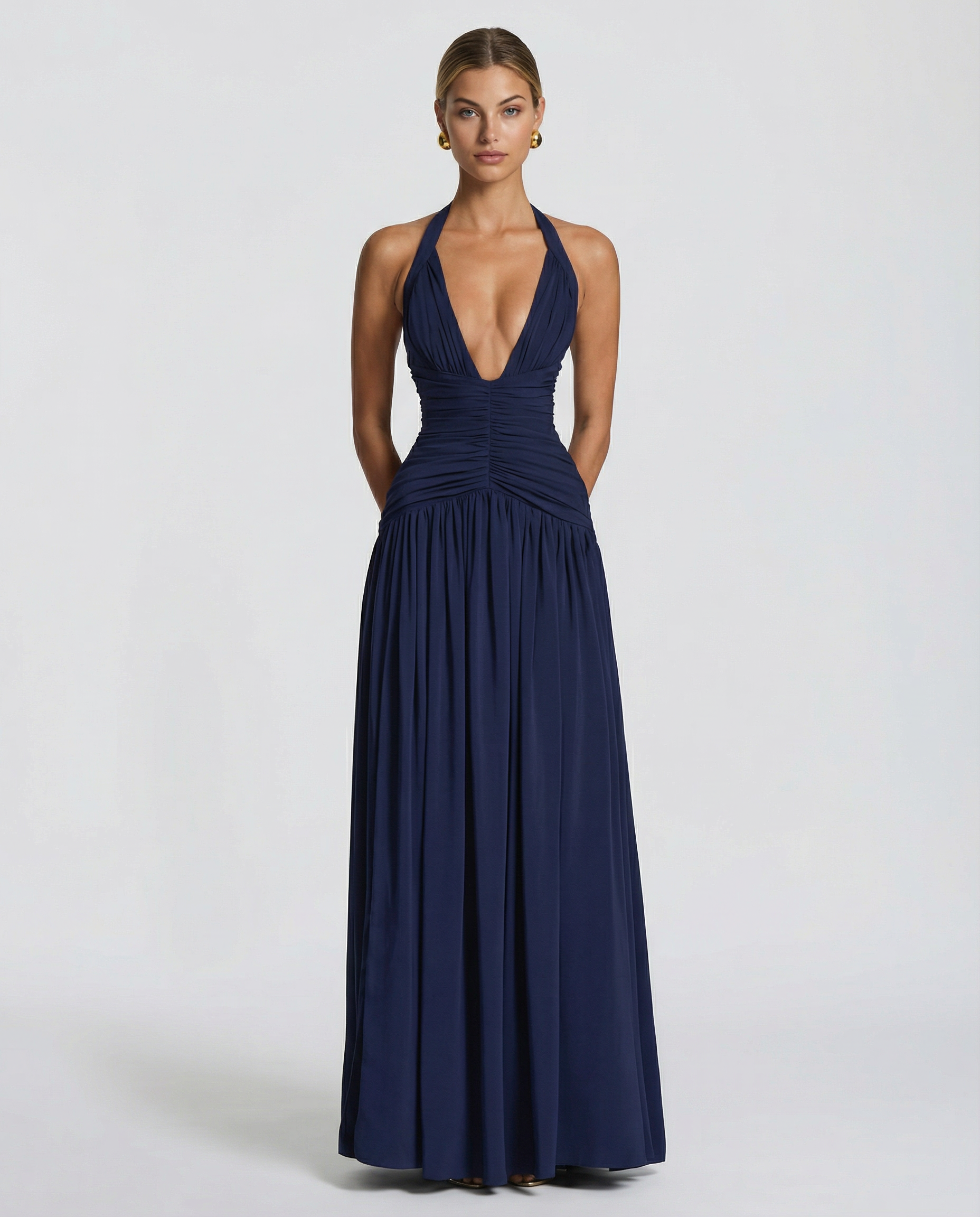 Delina | Women's Ruched Corset Halter V Neck Maxi Dress