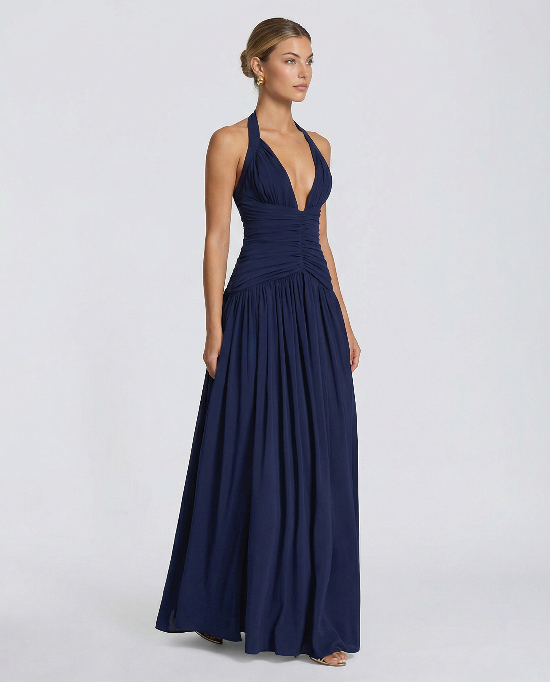 Delina | Women's Ruched Corset Halter V Neck Maxi Dress