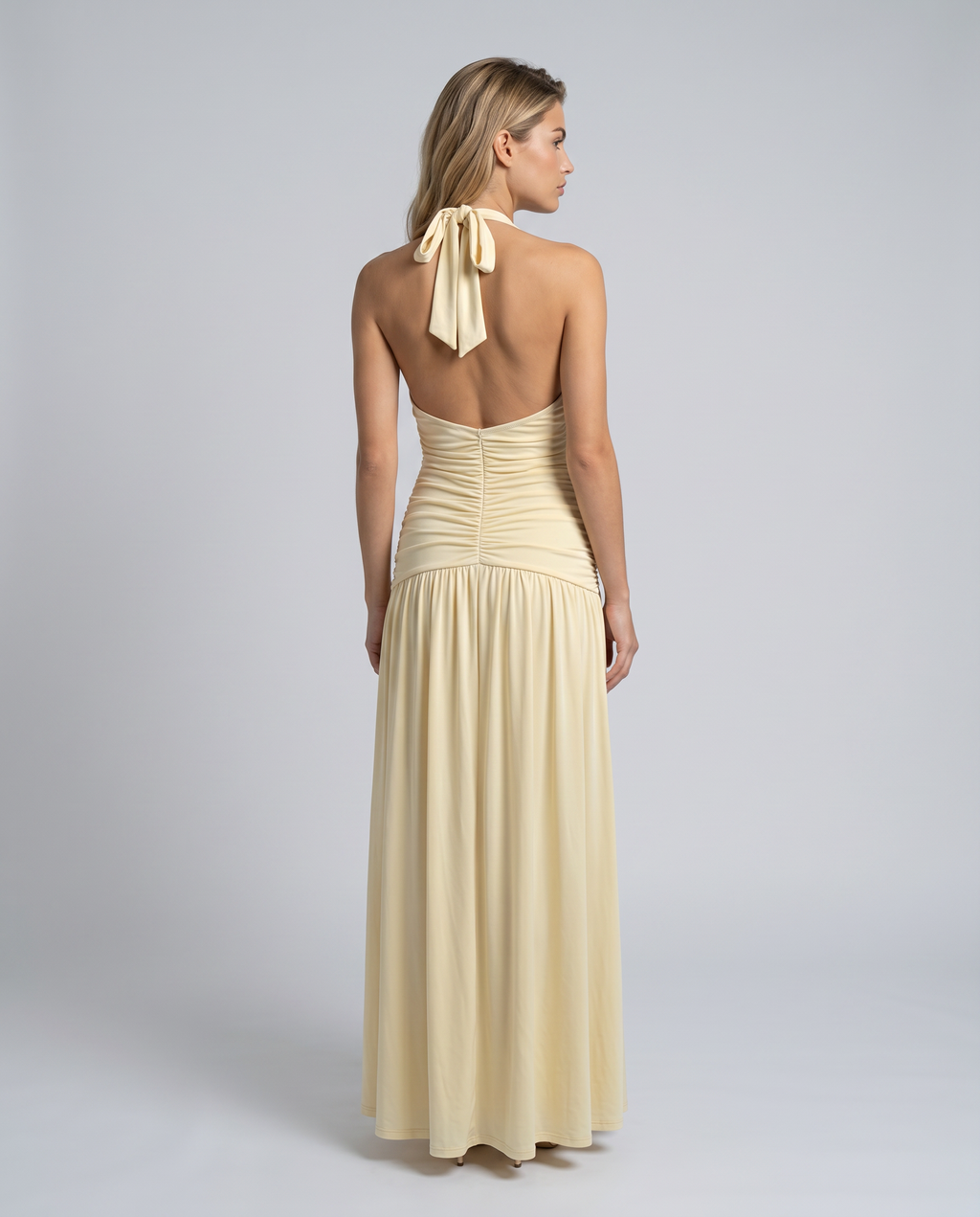 Delina | Women's Ruched Corset Halter V Neck Maxi Dress