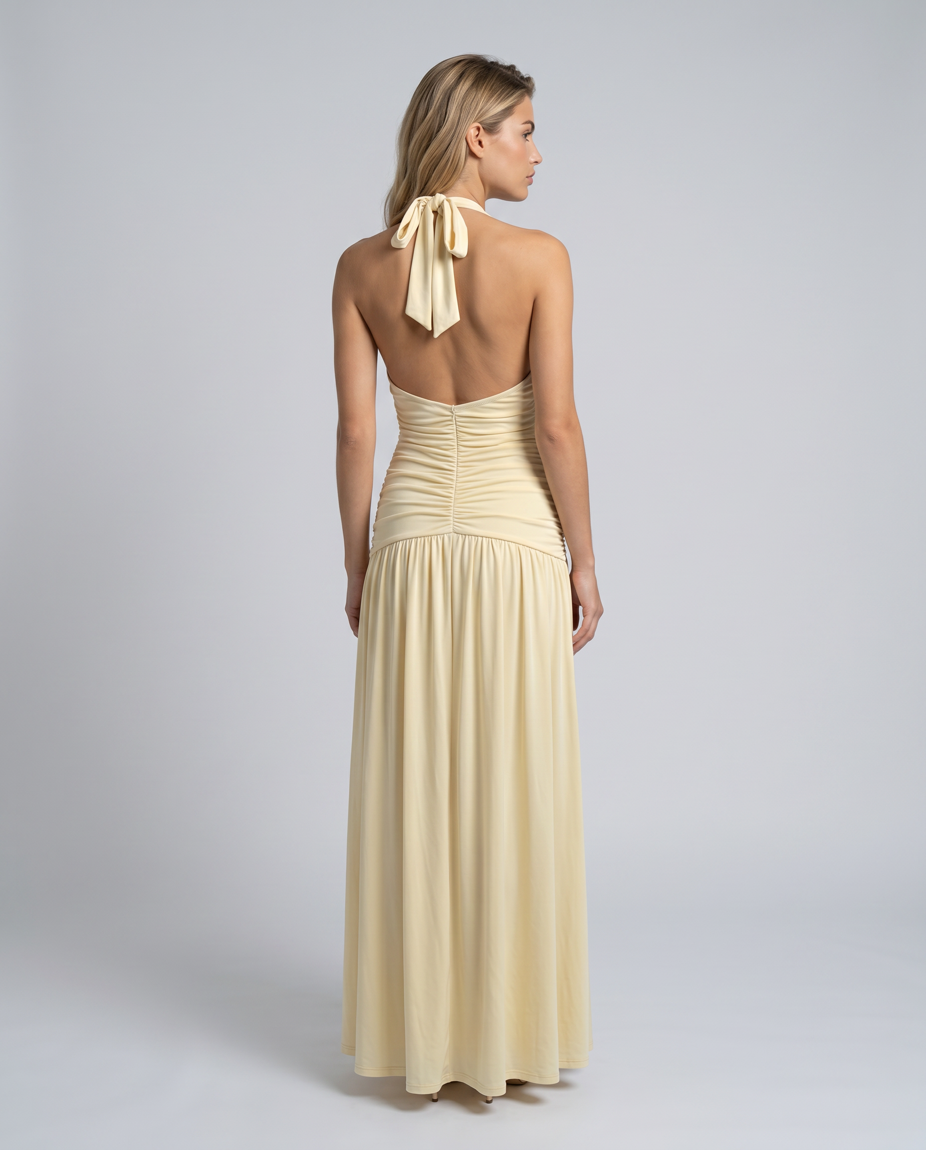 Delina | Women's Ruched Corset Halter V Neck Maxi Dress
