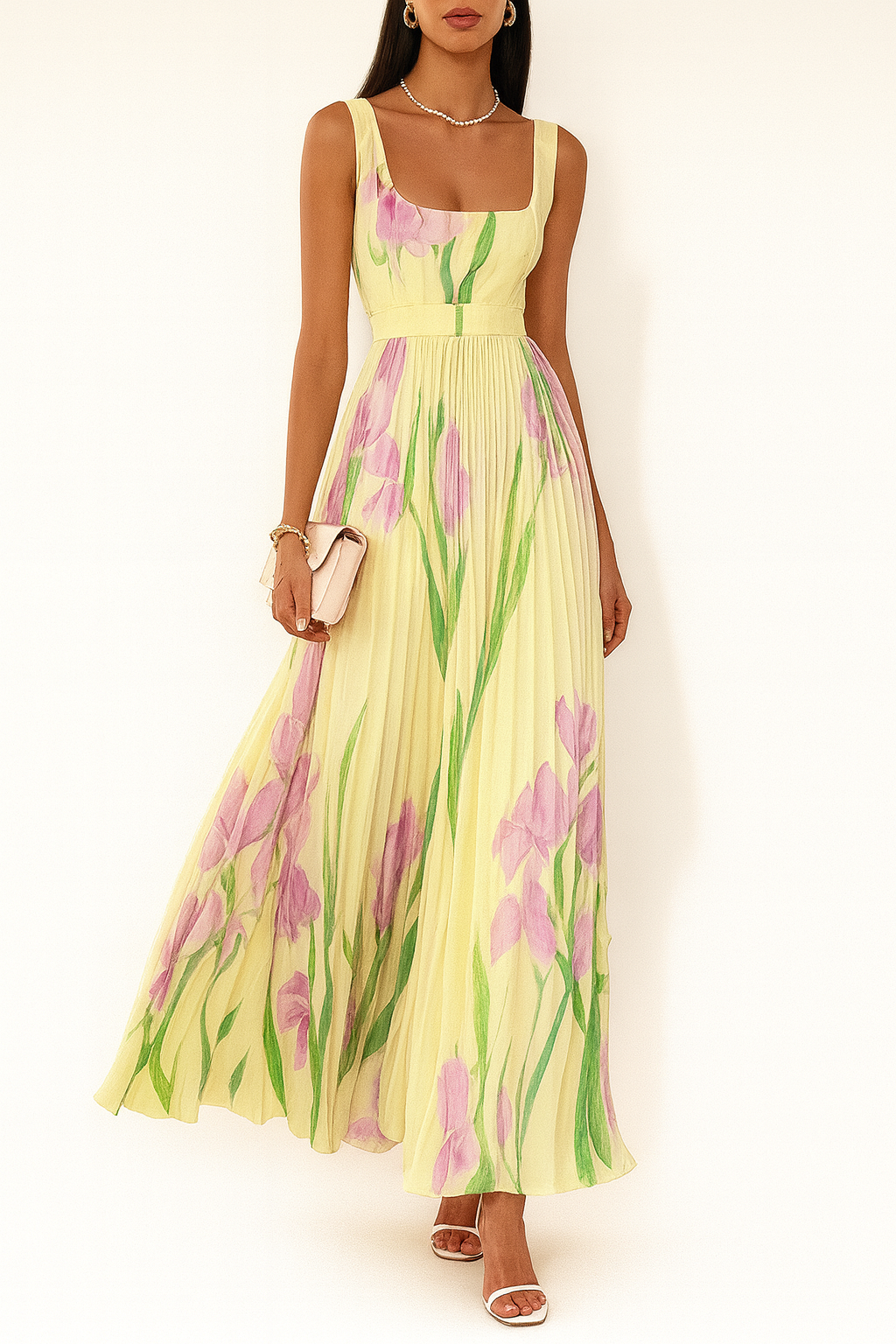 Delinda | Women's Pleated Floral Sleeveless Maxi Dress