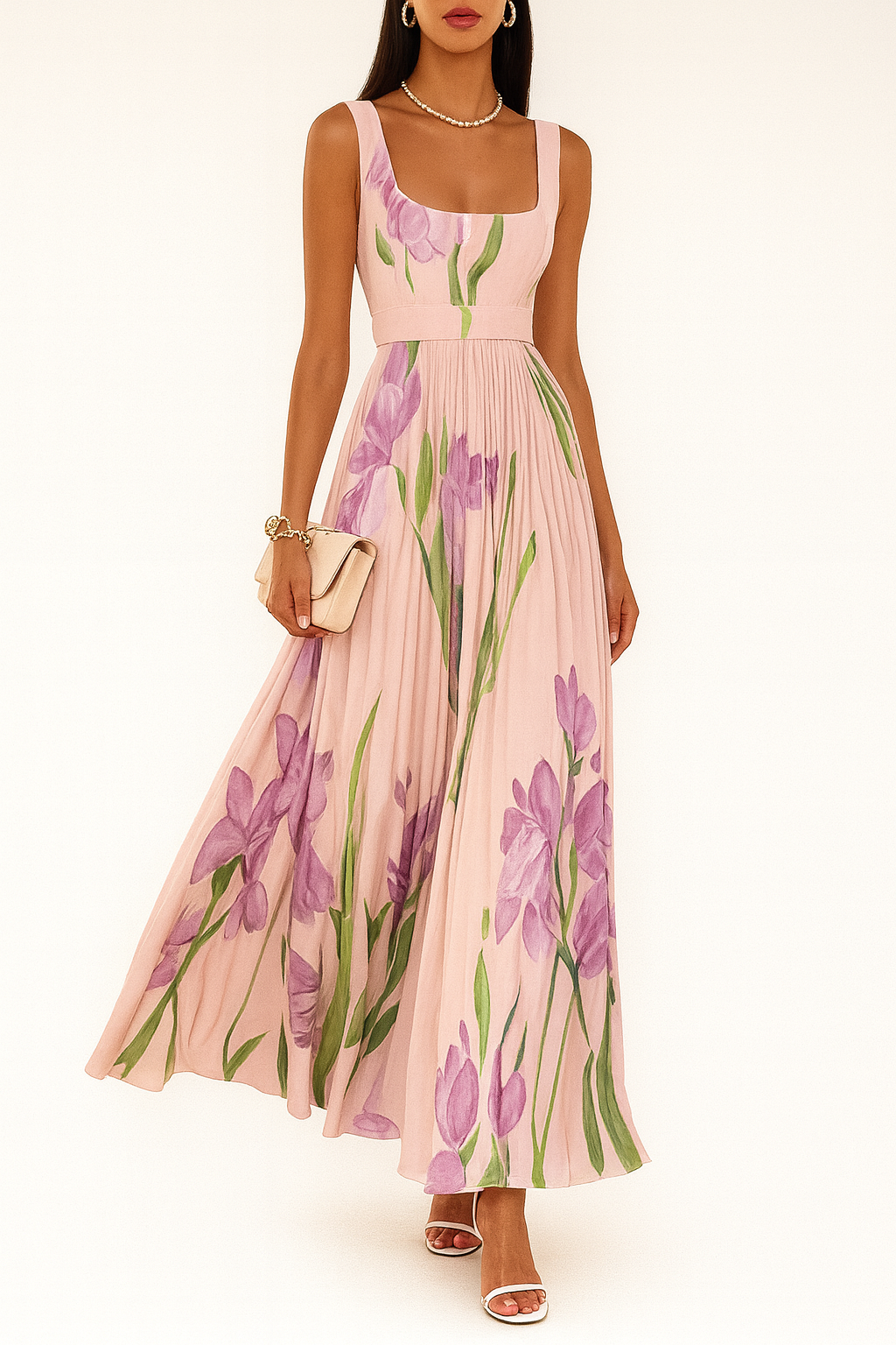 Delinda | Women's Pleated Floral Sleeveless Maxi Dress