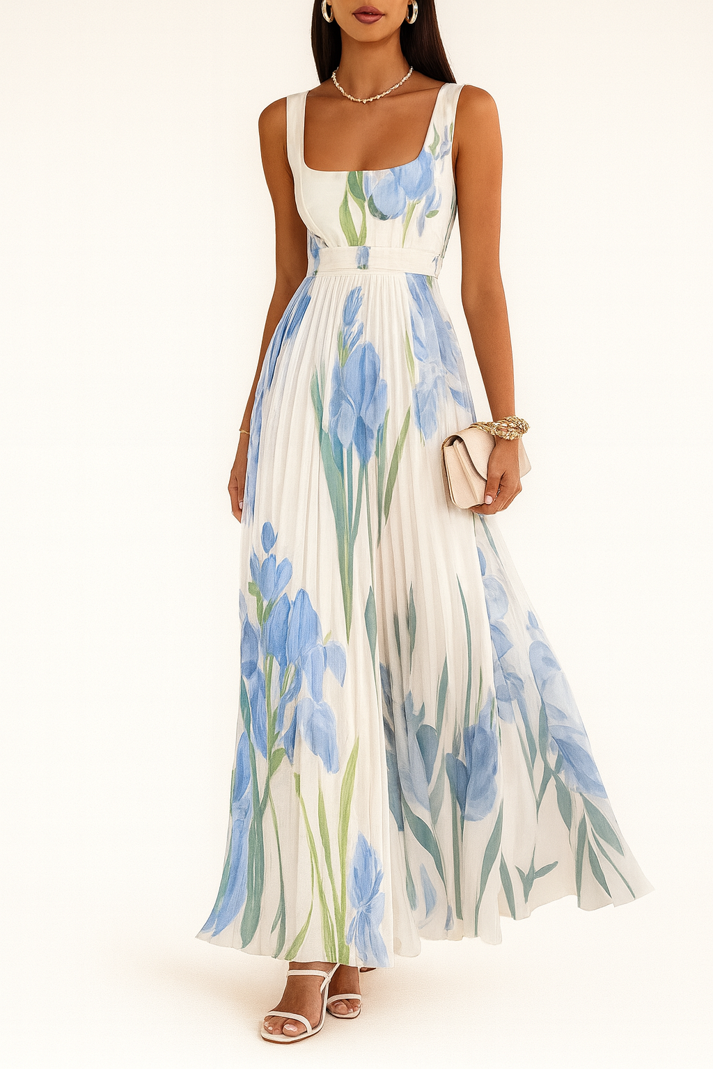 Delinda | Women's Pleated Floral Sleeveless Maxi Dress