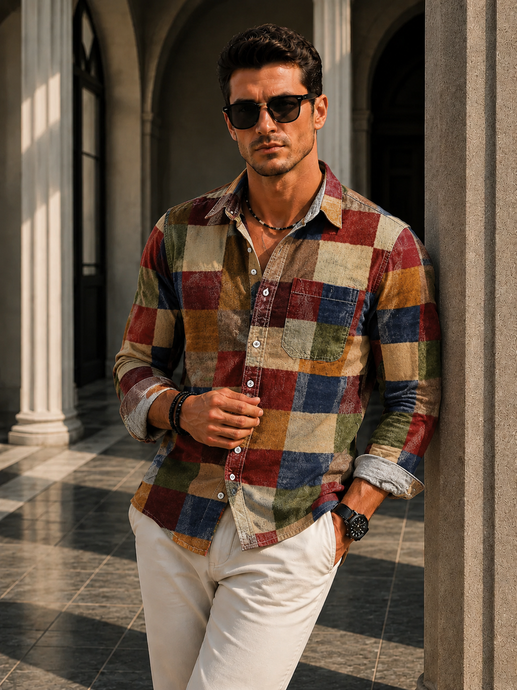 Deshawn | Men's Checked Pattern Button Front Long Sleeve Shirt