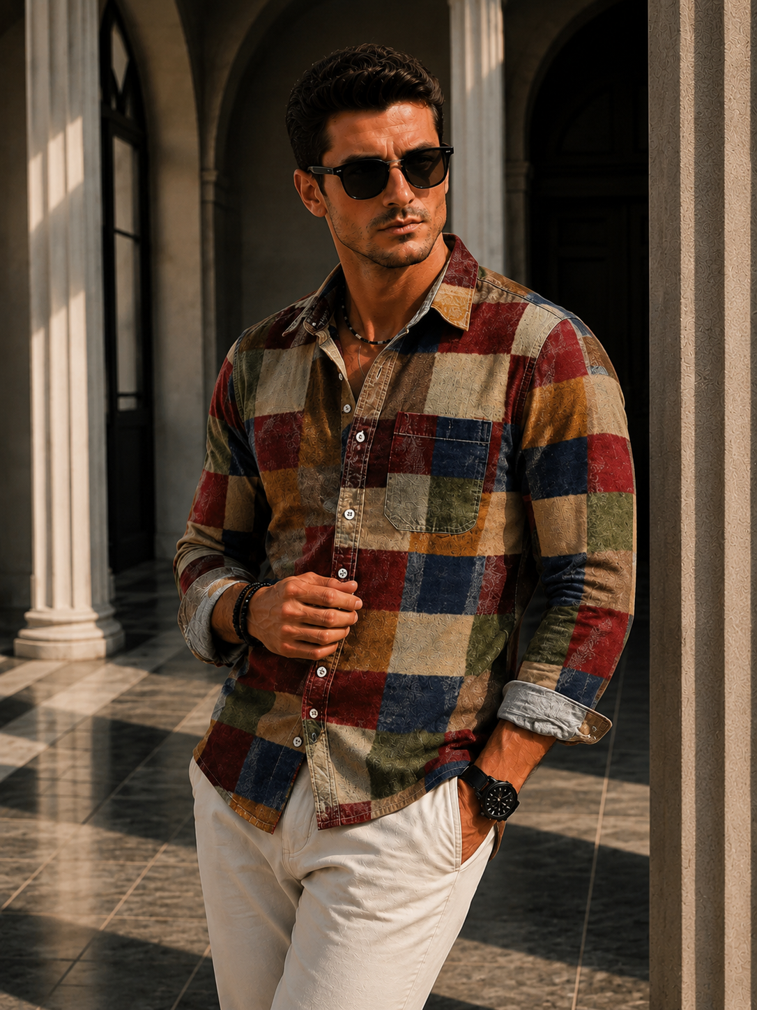Deshawn | Men's Checked Pattern Button Front Long Sleeve Shirt