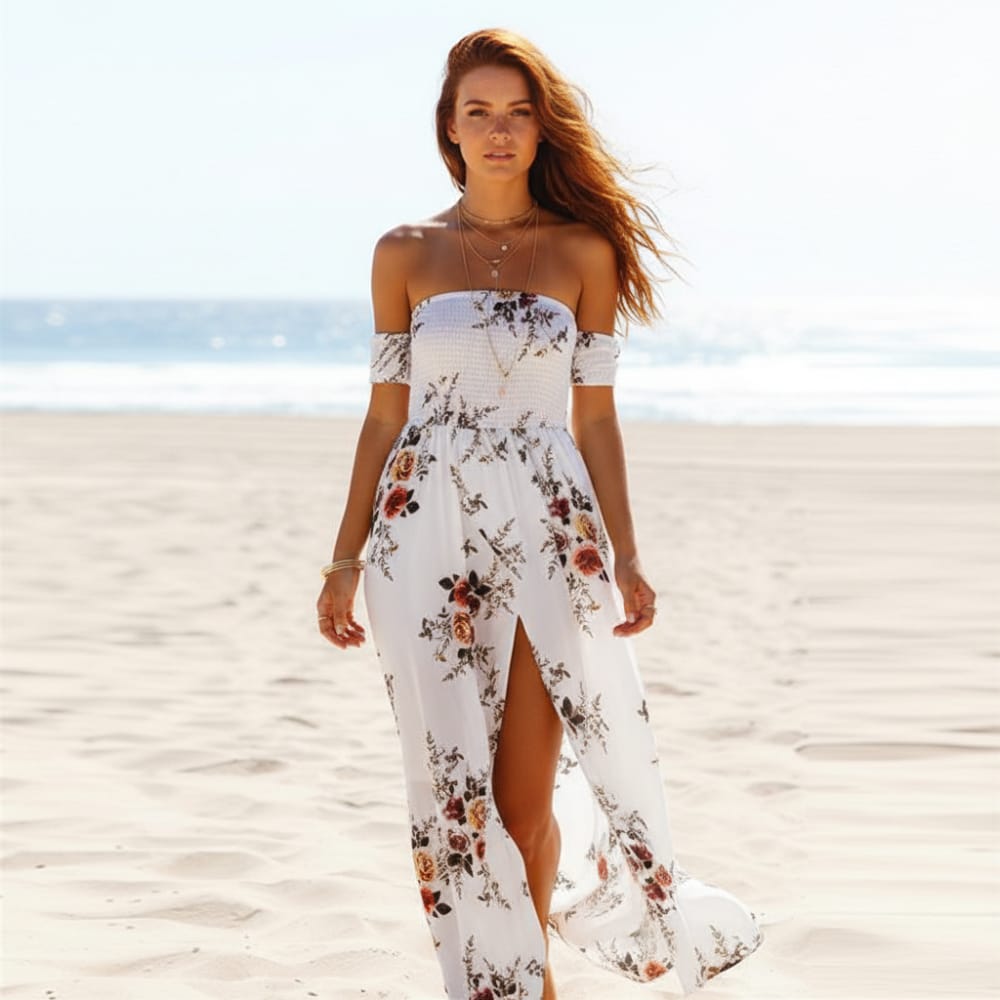 Desiree | Women's Off Shoulder High Slit Boho Maxi Dress