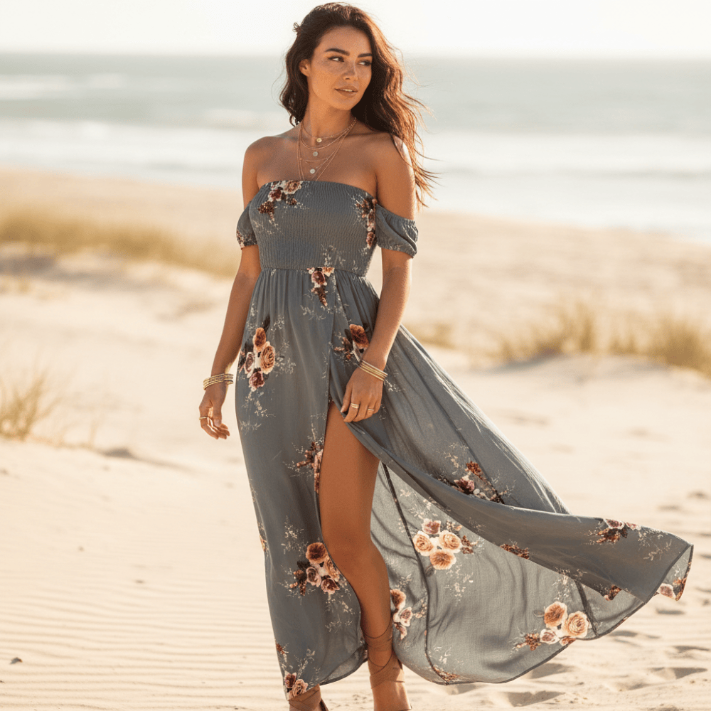 Desiree | Women's Off Shoulder High Slit Boho Maxi Dress